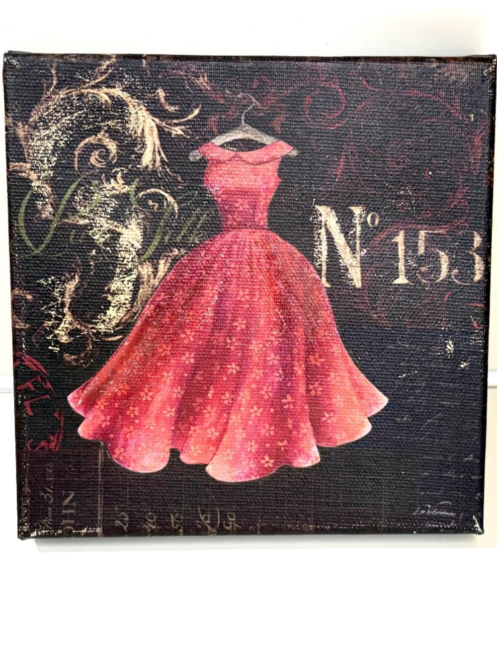 Pink Dress Fashion Canvas Wall Art 14x14 Black Gold Glam Decor
